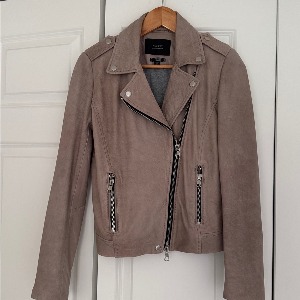 Taupe leather motorcycle jacket
